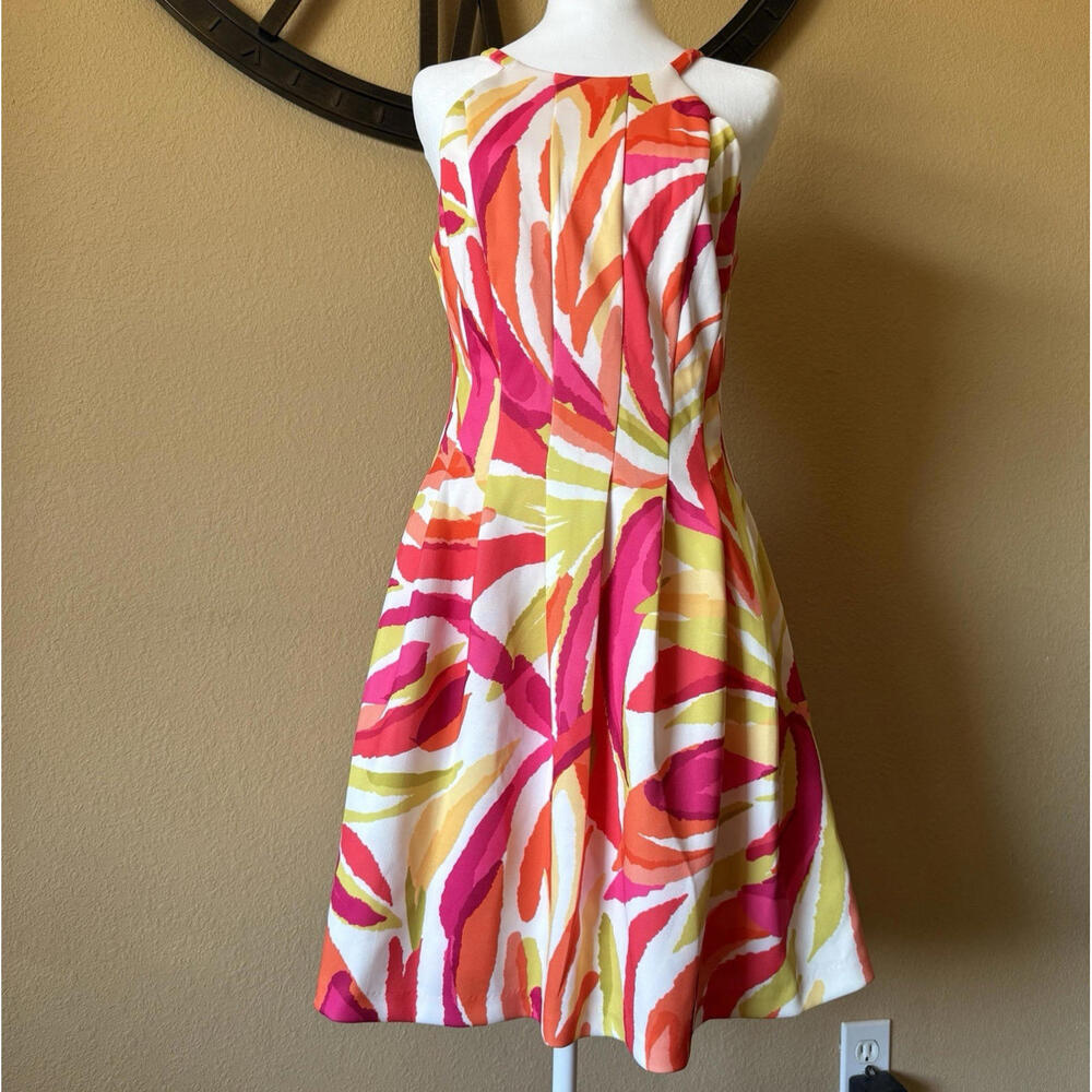 VINCE CAMUTO Pink Orange Floral Fit & Flare Scuba Dress Size 8 Spring Wedding